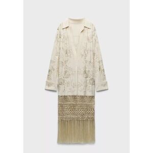 Zara Womens Macrame Shirt Dress M-L Ivory Fringe Embroidered Floral 521/272 NWT